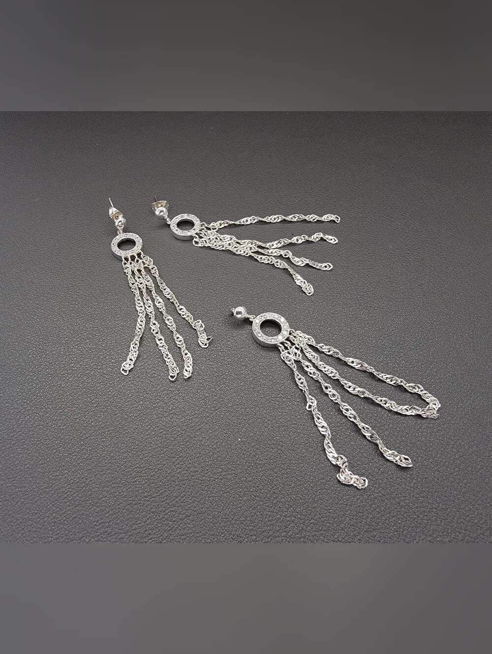 Silver Tone Rhinestone Tassel Dangle Earrings & Matching Pendant Set Statement